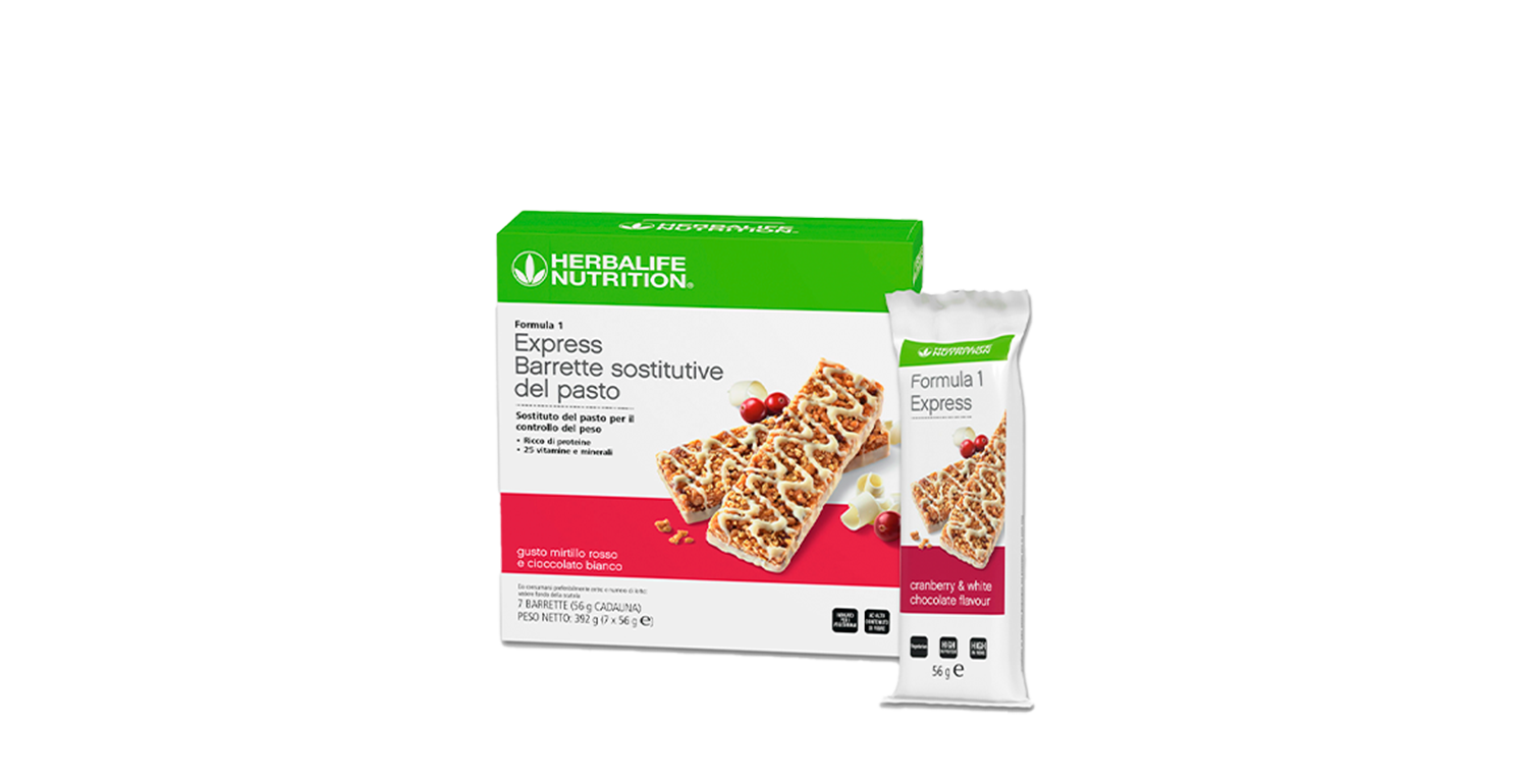 Formula 1 Express, gusto Mirtillo Rosso e Cioccolato Bianco - 7 barrette – confezione ufficiale Herbalife Italia