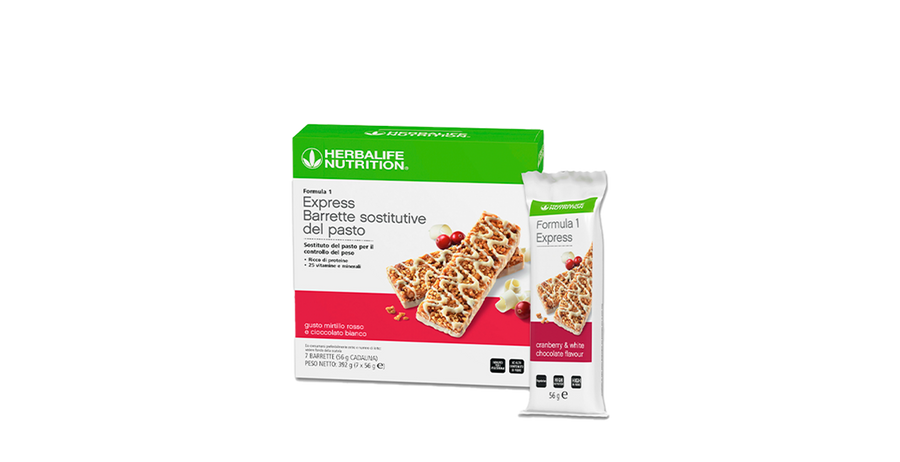 Formula 1 Express, gusto Mirtillo Rosso e Cioccolato Bianco - 7 barrette – confezione ufficiale Herbalife Italia